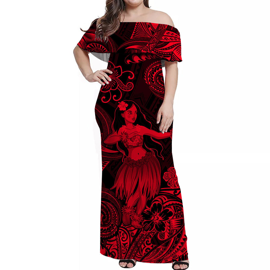 Hawaii Hula Girl Polynesian Off Shoulder Long Dress Unique Style - Red LT8 Women Red - Polynesian Pride