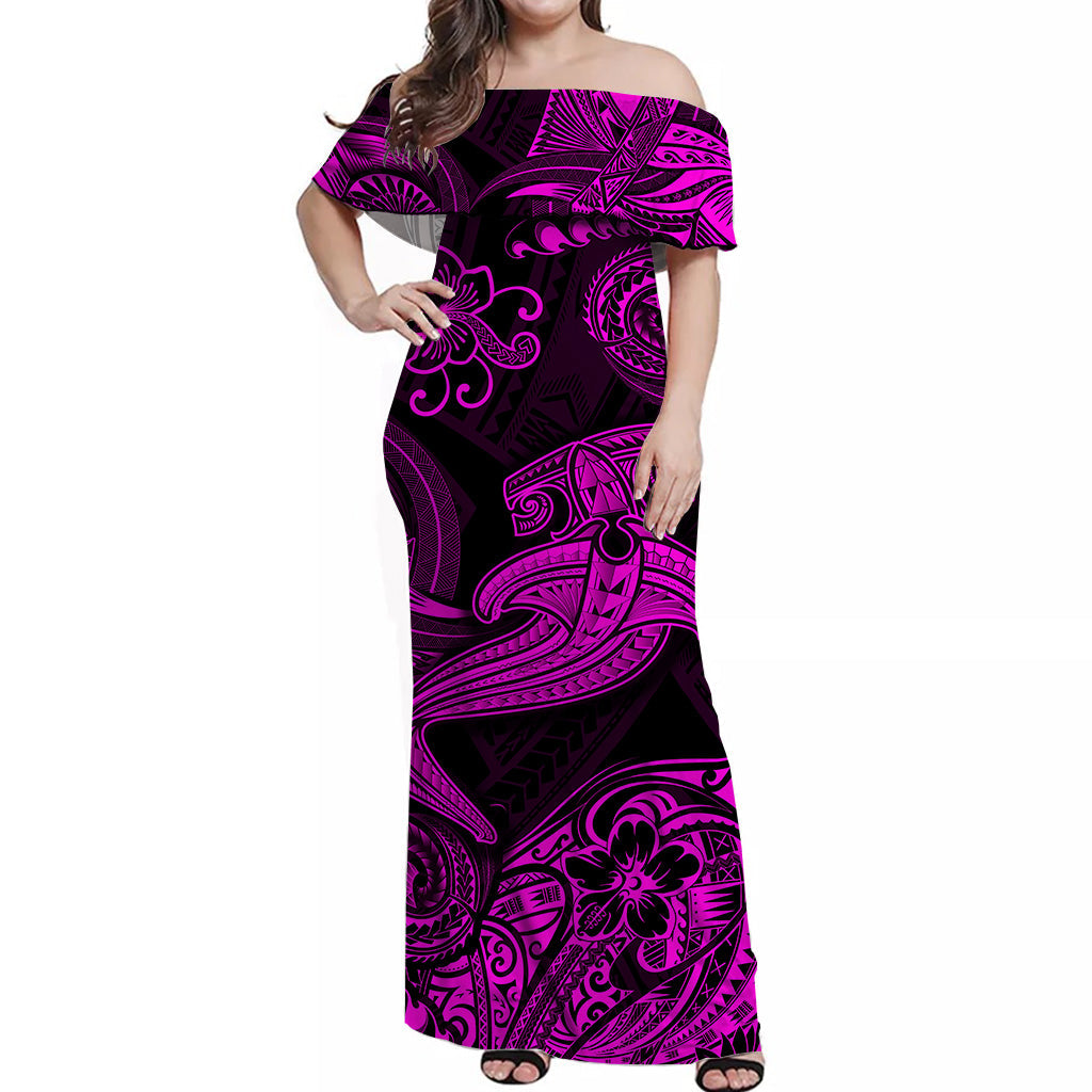 Hawaii Hammer Shark Polynesian Off Shoulder Long Dress Unique Style - Pink LT8 Women Pink - Polynesian Pride