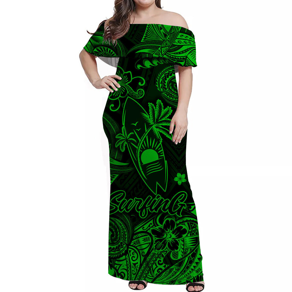 Hawaii Surfing Polynesian Off Shoulder Long Dress Unique Style - Green LT8 Women Green - Polynesian Pride