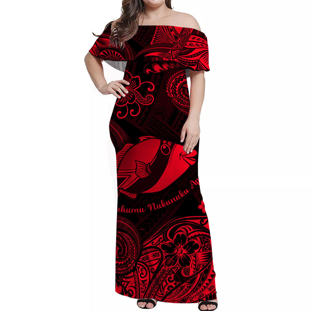 Hawaii State Fish: Humuhumu Nukunuku Apuaa Polynesian Off Shoulder Long Dress Unique Style - Red LT8 Women Red - Polynesian Pride