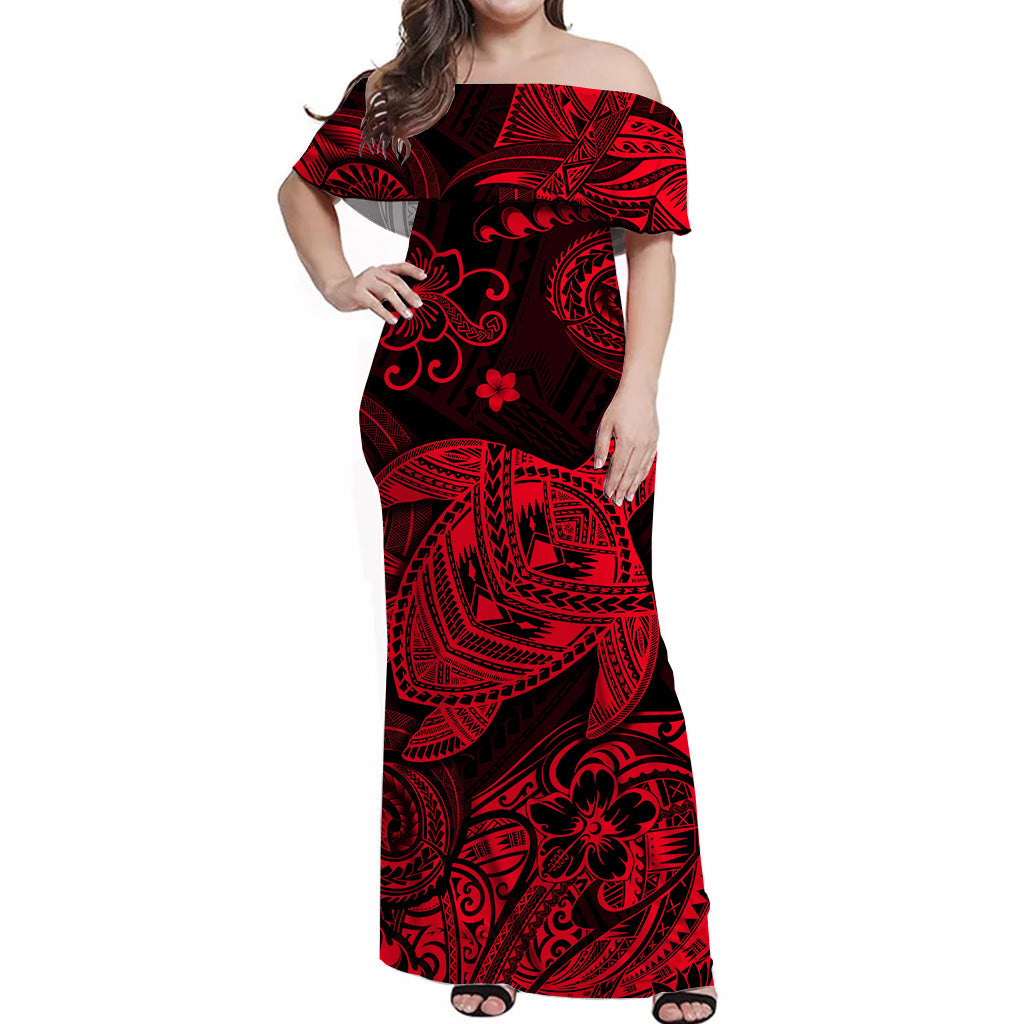 Hawaii Turtle Polynesian Off Shoulder Long Dress Plumeria Flower Unique Style - Red LT8 Women Red - Polynesian Pride