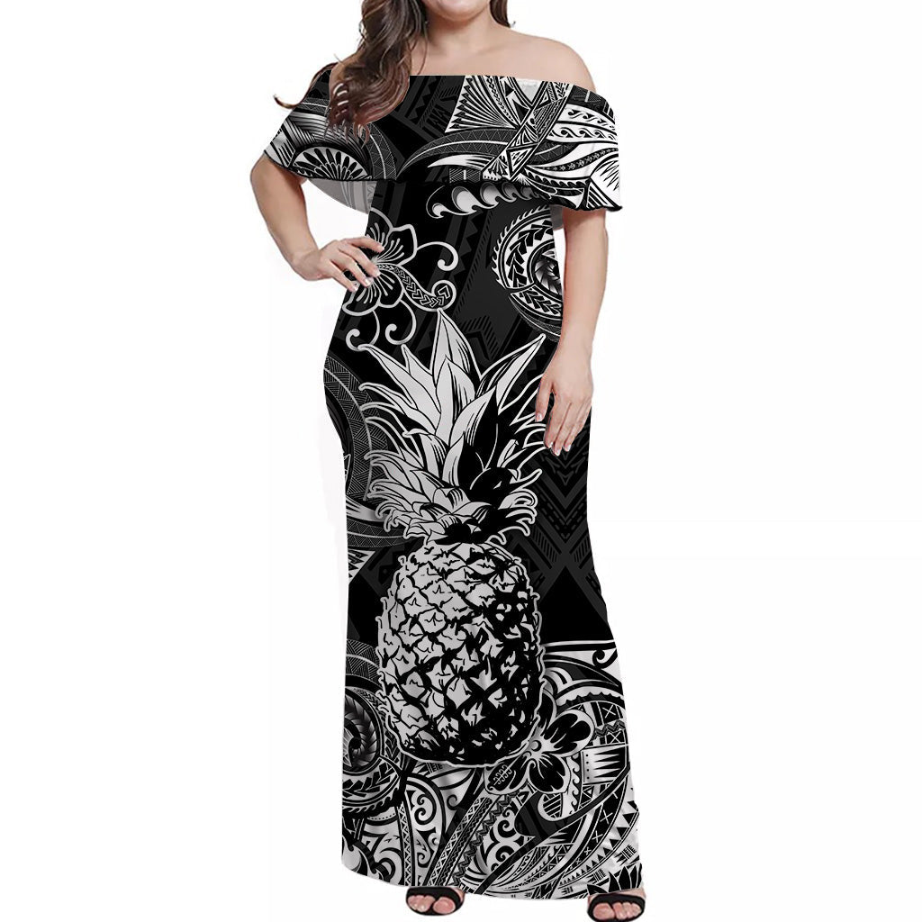 Hawaii Pineapple Polynesian Off Shoulder Long Dress Unique Style - Black LT8 Women Black - Polynesian Pride