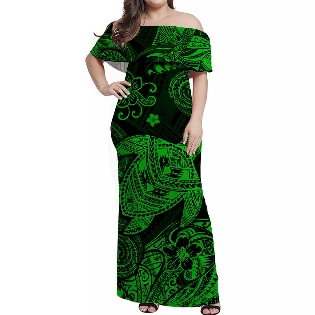 Hawaii Turtle Polynesian Off Shoulder Long Dress Plumeria Flower Unique Style - Green LT8 Women Green - Polynesian Pride