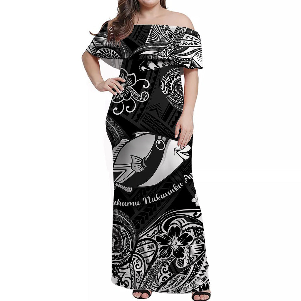 Hawaii State Fish: Humuhumu Nukunuku Apuaa Polynesian Off Shoulder Long Dress Unique Style - Black LT8 Women Black - Polynesian Pride