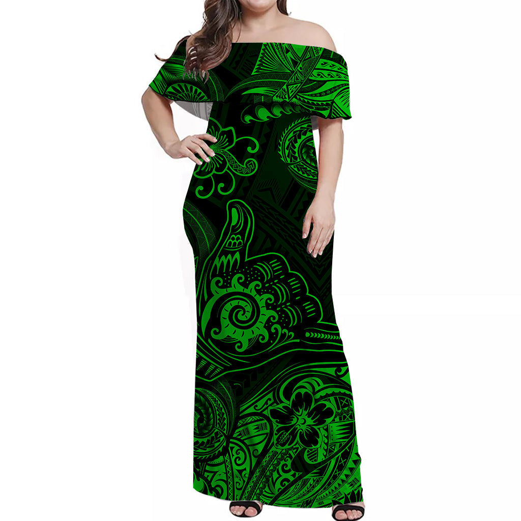 Hawaii Shaka Polynesian Off Shoulder Long Dress Unique Style - Green LT8 Women Green - Polynesian Pride