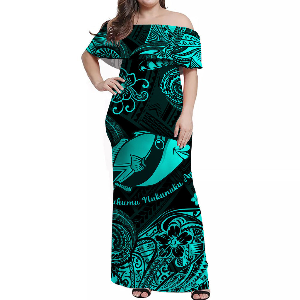 Hawaii State Fish: Humuhumu Nukunuku Apuaa Polynesian Off Shoulder Long Dress Unique Style - Turquoise LT8 Women Turquoise - Polynesian Pride