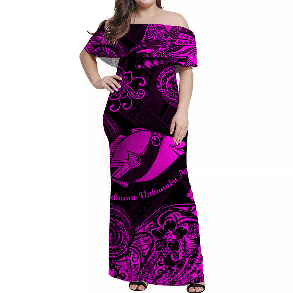 Hawaii State Fish: Humuhumu Nukunuku Apuaa Polynesian Off Shoulder Long Dress Unique Style - Pink LT8 Women Pink - Polynesian Pride