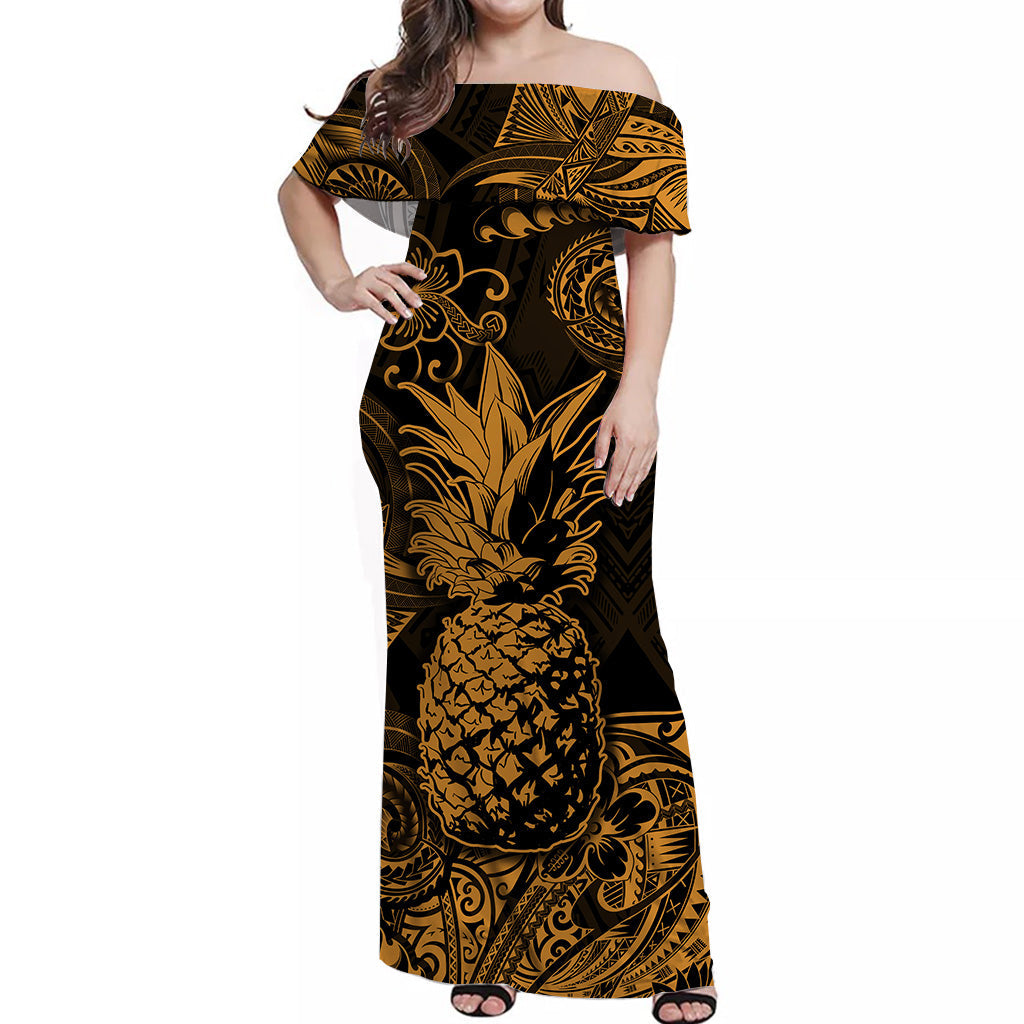 Hawaii Pineapple Polynesian Off Shoulder Long Dress Unique Style - Gold LT8 Women Gold - Polynesian Pride