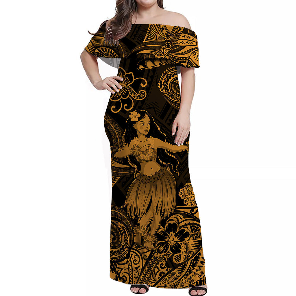 Hawaii Hula Girl Polynesian Off Shoulder Long Dress Unique Style - Gold LT8 Women Gold - Polynesian Pride