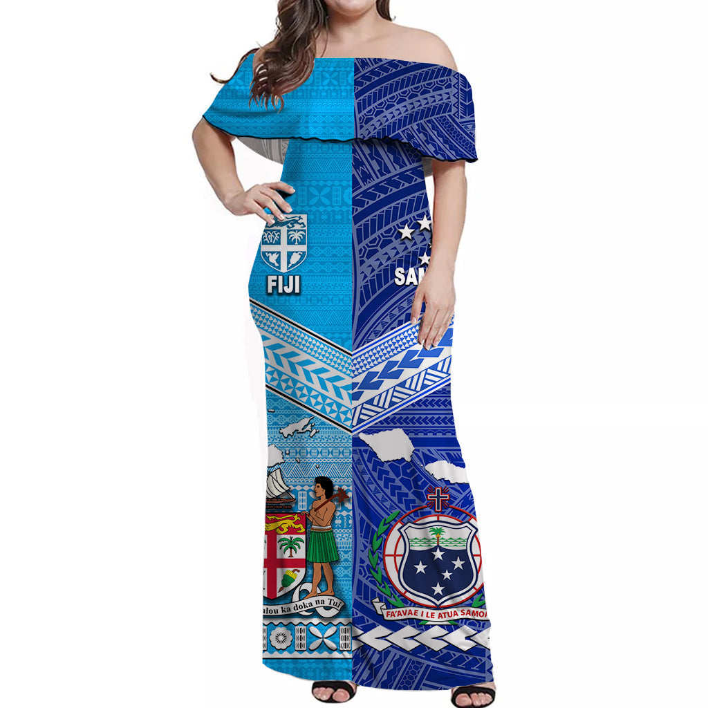 Fiji and Samoa Off Shoulder Long Dress Together LT8 Women Blue - Polynesian Pride