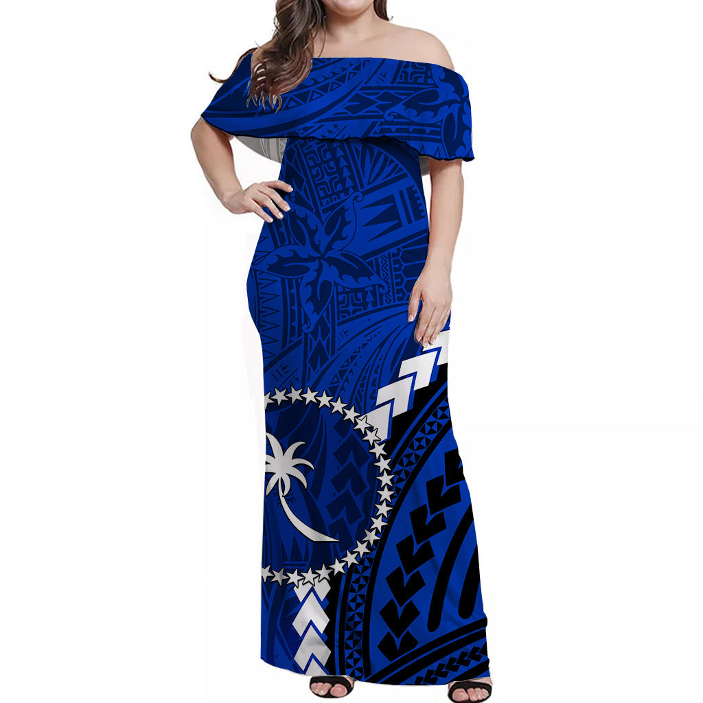 Chuuk Off Shoulder Long Dress Polynesian Style LT6 Polyester spandex Blue - Polynesian Pride
