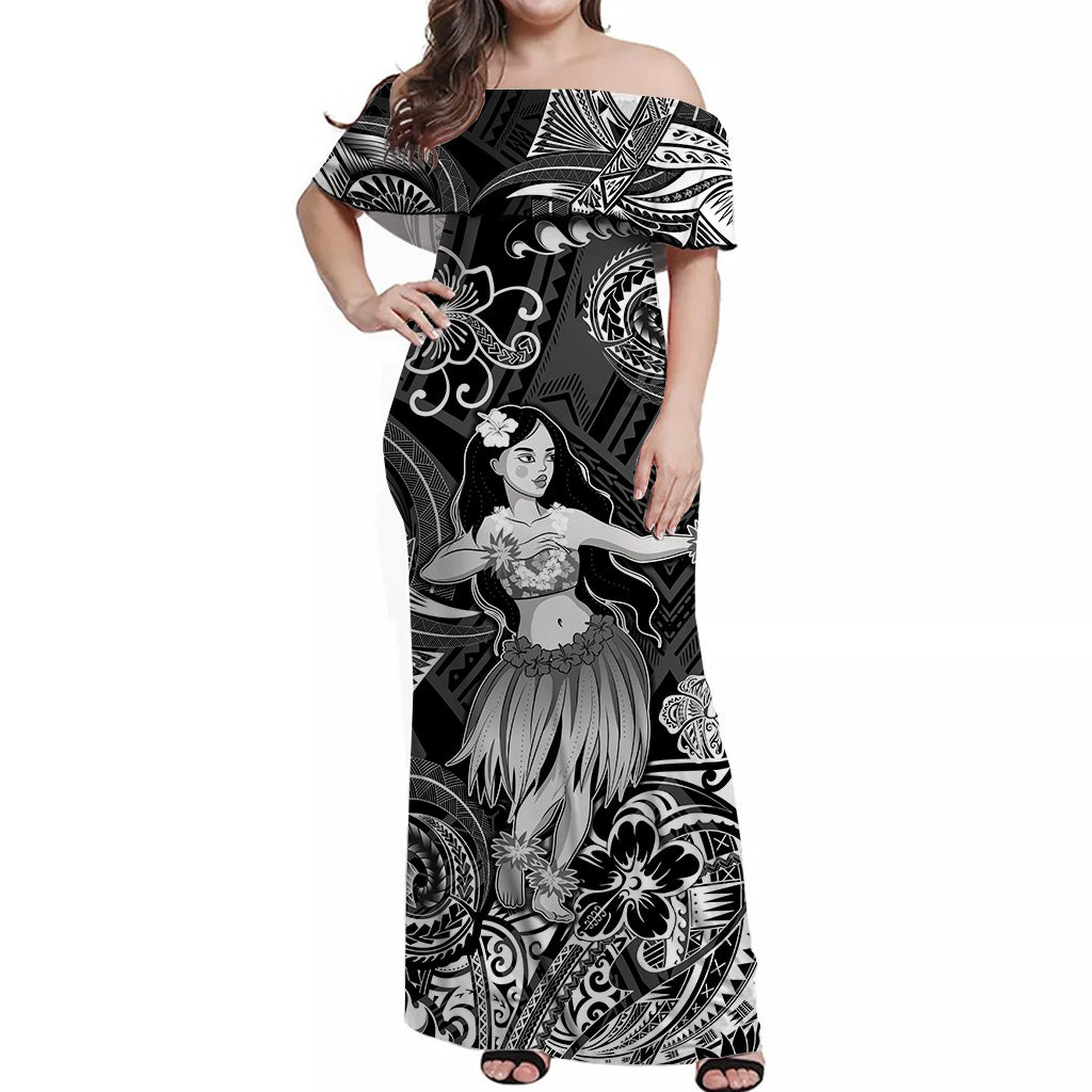 Hawaii Hula Girl Polynesian Off Shoulder Long Dress Unique Style - Black LT8 Women Black - Polynesian Pride