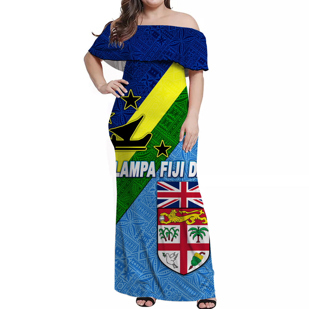 Vanuatu Malampa And Fiji Day Off Shoulder Long Dress Simple Style LT8 Women Blue - Polynesian Pride