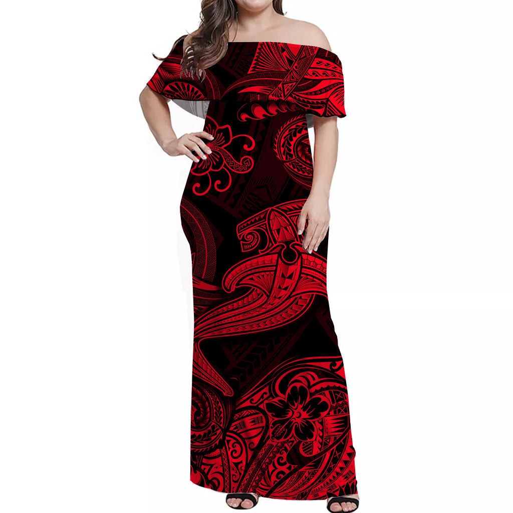 Hawaii Hammer Shark Polynesian Off Shoulder Long Dress Unique Style - Red LT8 Women Red - Polynesian Pride