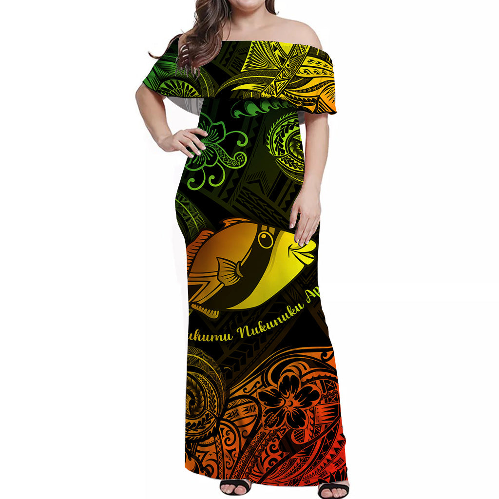 Hawaii State Fish: Humuhumu Nukunuku Apuaa Polynesian Off Shoulder Long Dress Unique Style - Reggae LT8 Women Reggae - Polynesian Pride