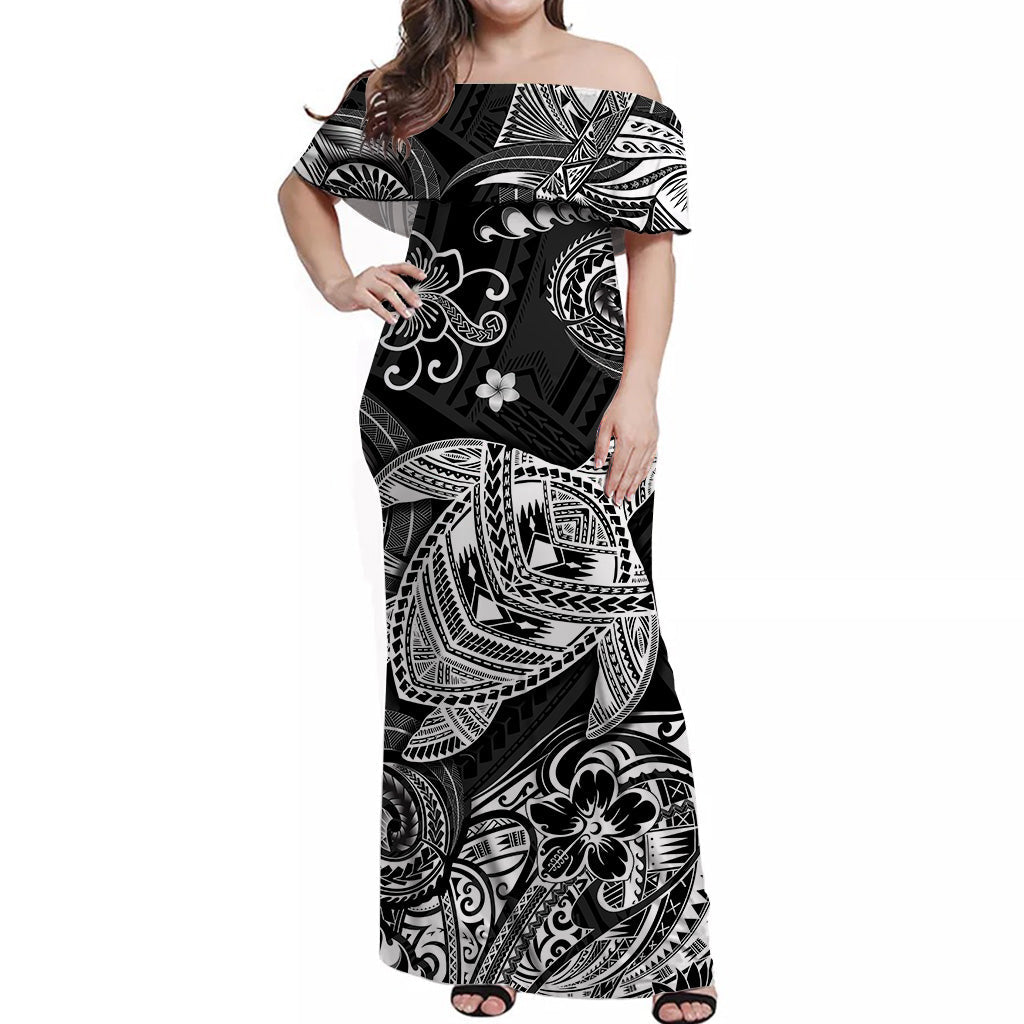 Hawaii Turtle Polynesian Off Shoulder Long Dress Plumeria Flower Unique Style - Black LT8 Women Black - Polynesian Pride