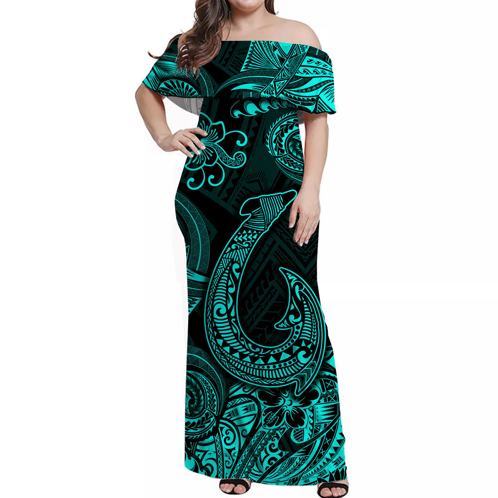 Hawaii Fish Hook Polynesian Off Shoulder Long Dress Unique Style - Turquoise LT8 Women Turquoise - Polynesian Pride