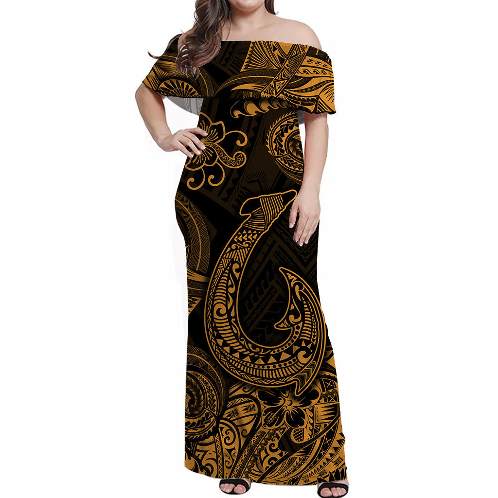 Hawaii Fish Hook Polynesian Off Shoulder Long Dress Unique Style - Gold LT8 Women Gold - Polynesian Pride