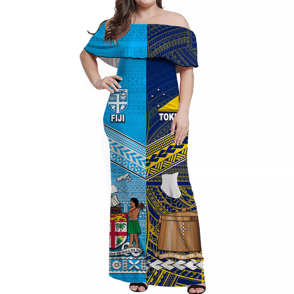 Fiji and Tokelau Off Shoulder Long Dress Together LT8 Women Blue - Polynesian Pride