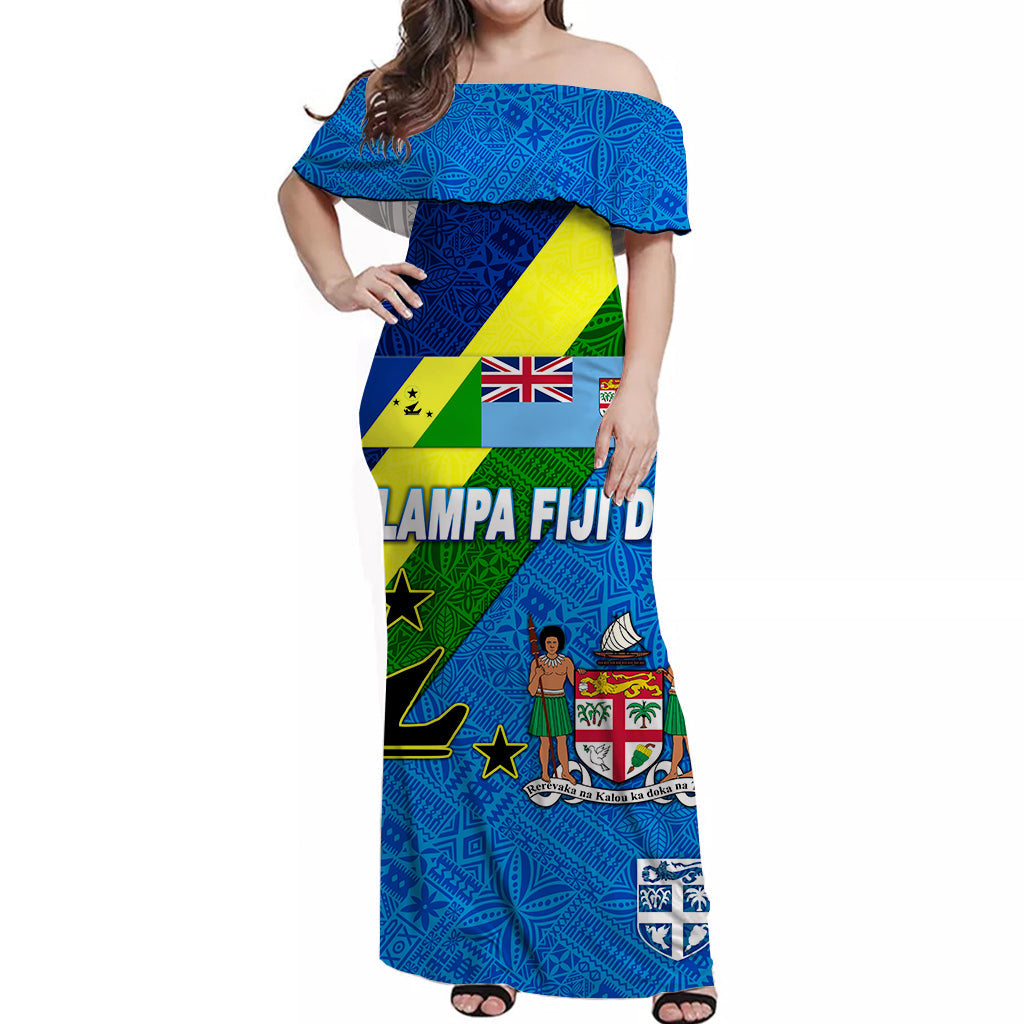 Vanuatu Malampa And Fiji Day Off Shoulder Long Dress October 10 LT8 Women Blue - Polynesian Pride