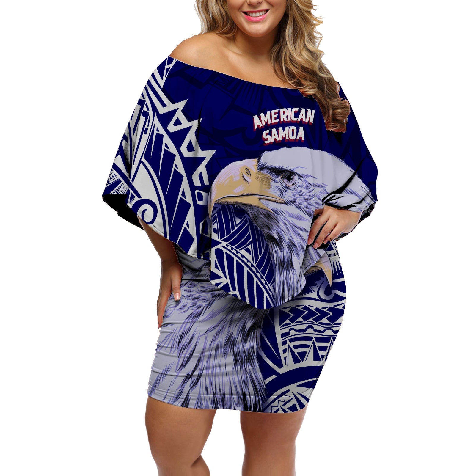 American Samoa Personalised Off Shoulder Short Dress Bald Eagle LT7 Women Blue - Polynesian Pride