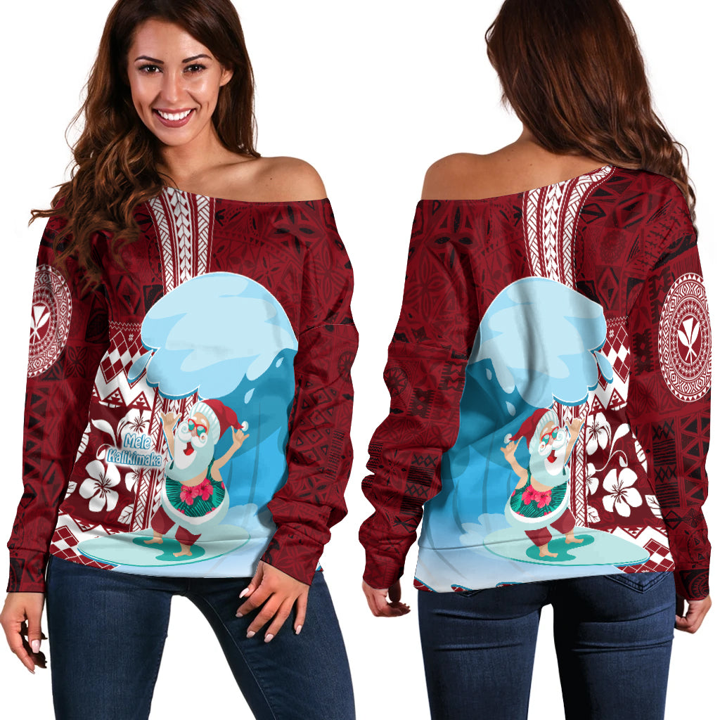 Hawaii Christmas Surfing Santa Claus Mele Kalikimaka Off Shoulder Sweater LT7 - Polynesian Pride