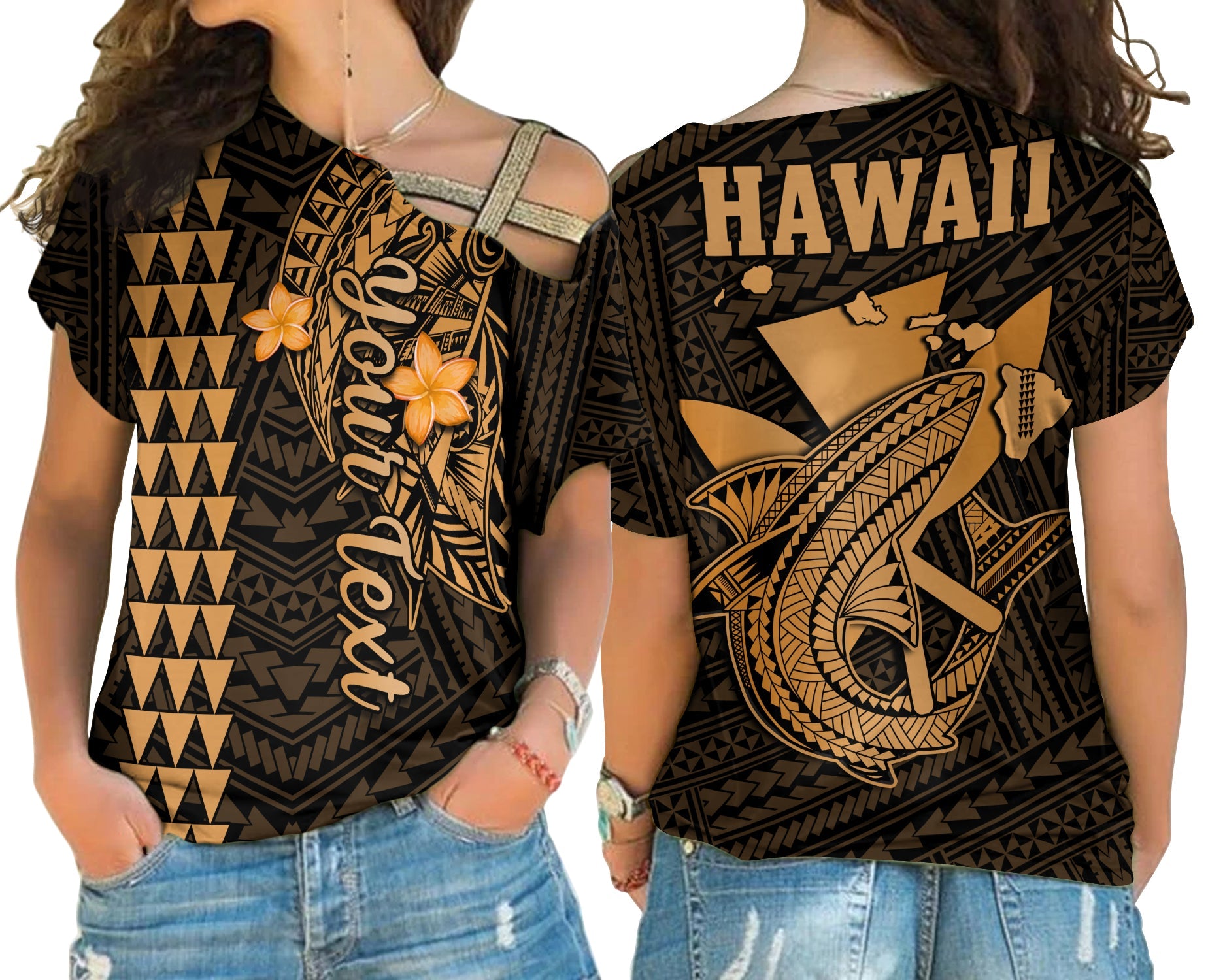 (Custom Personalised) Hawaii Cross Shoulder Shirt Kakau Kanaka Maoli Combine Polynesian Shark Ver.01 LT14 Female Gold - Polynesian Pride