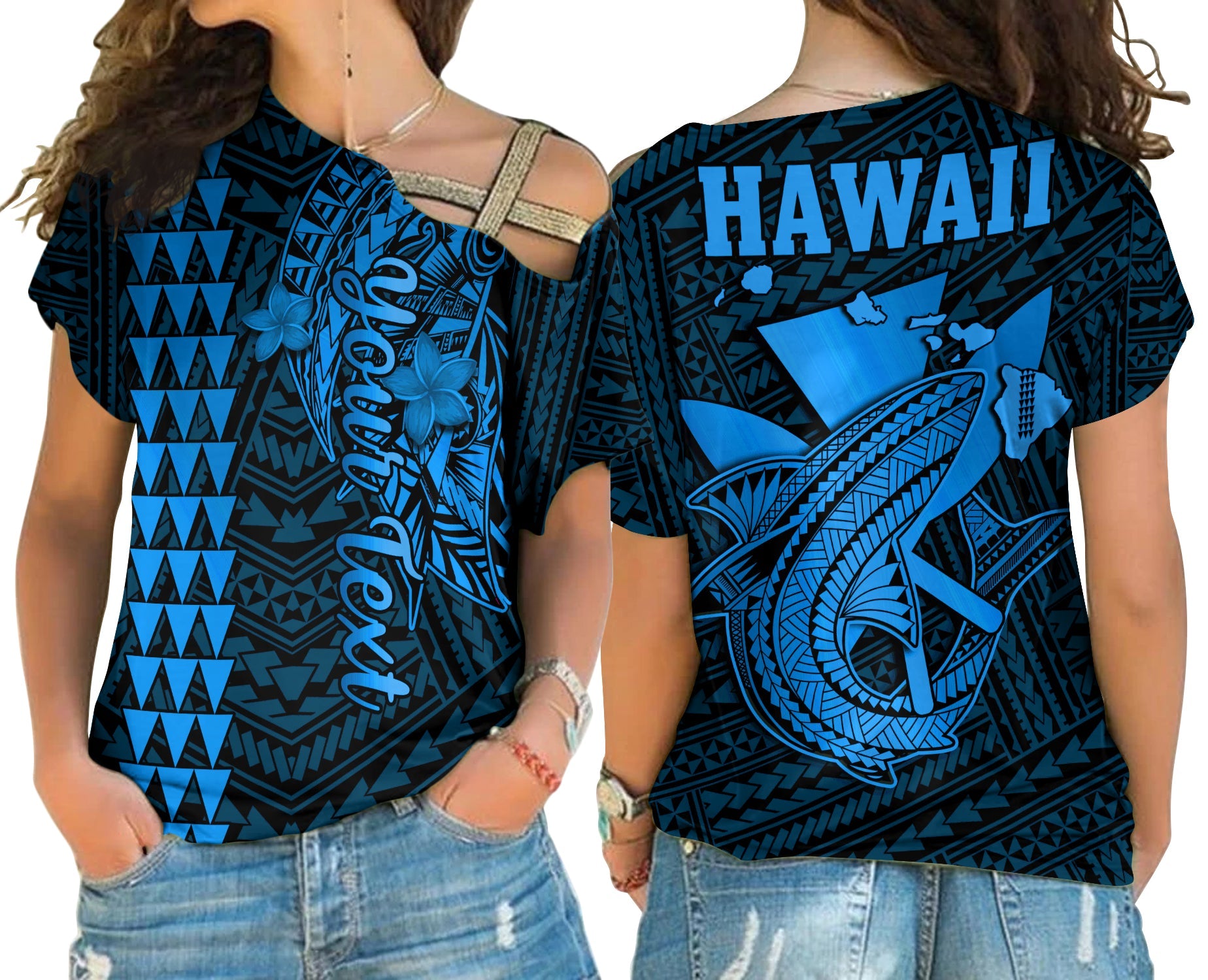 (Custom Personalised) Hawaii Cross Shoulder Shirt Kakau Kanaka Maoli Combine Polynesian Shark Ver.03 LT14 Female Blue - Polynesian Pride