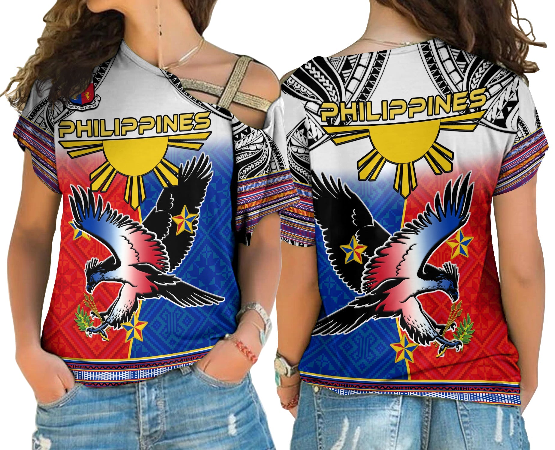 Philippines Cross Shoulder Shirt Polynesian Filipino Pattern With Eagle LT14 Female White - Polynesian Pride