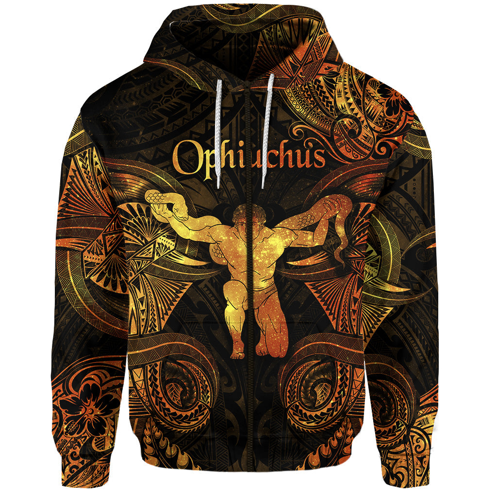 Custom Ophiuchus Zodiac Polynesian Zip Hoodie Unique Style Gold LT8 - Polynesian Pride