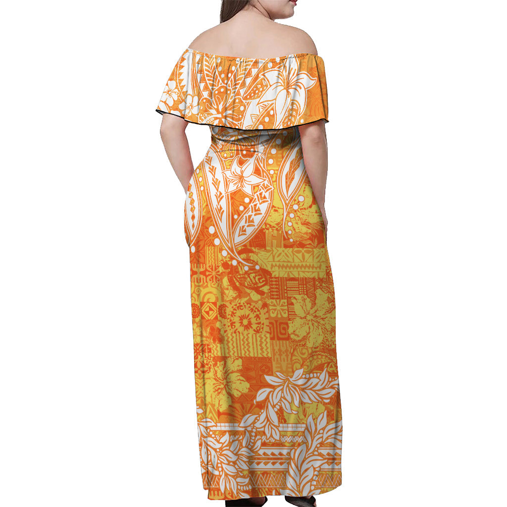 Polynesian Off Shoulder Long Dress Tapa Plumeria Style - Orange LT7 - Polynesian Pride