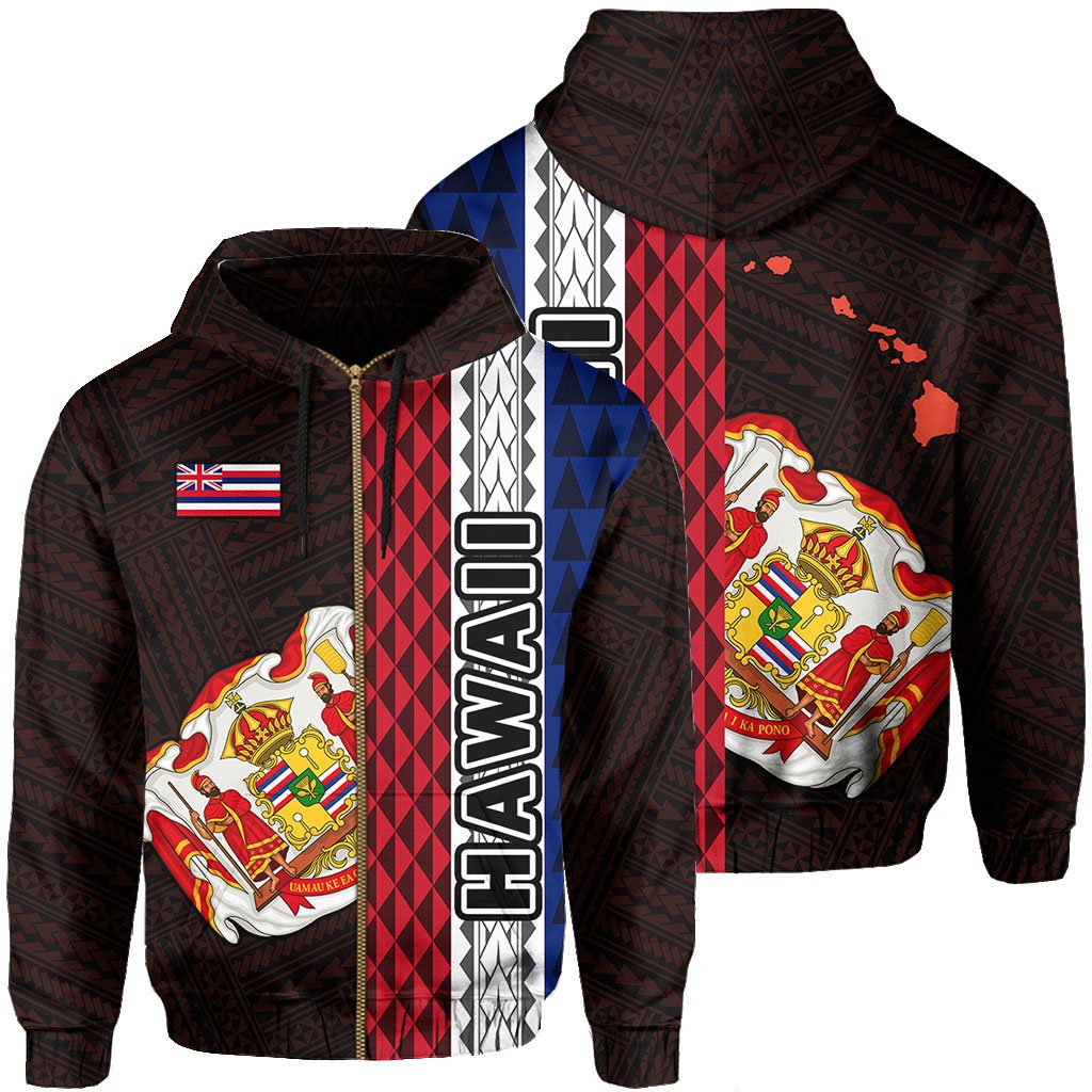 Polynesian Kakau Hawaii Flag Royal Coat of Arms Hawaii Zip Hoodie Orange Unisex Orange - Polynesian Pride