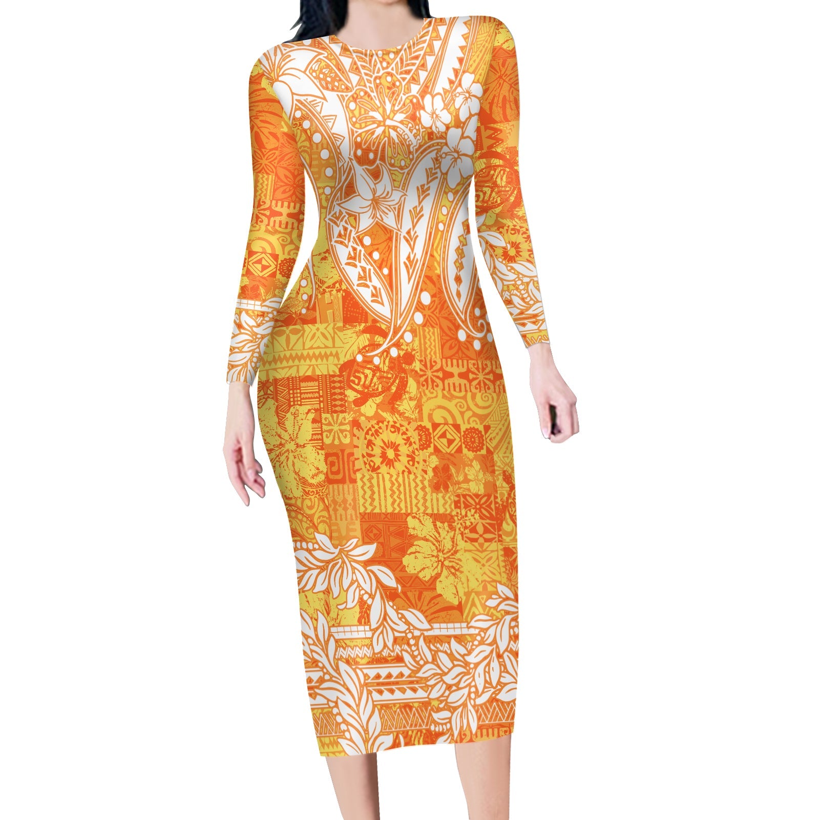 Polynesian Long Sleeves Bodycon Dress Tapa Plumeria Style - Orange LT7 Polyester/spandex Orange - Polynesian Pride