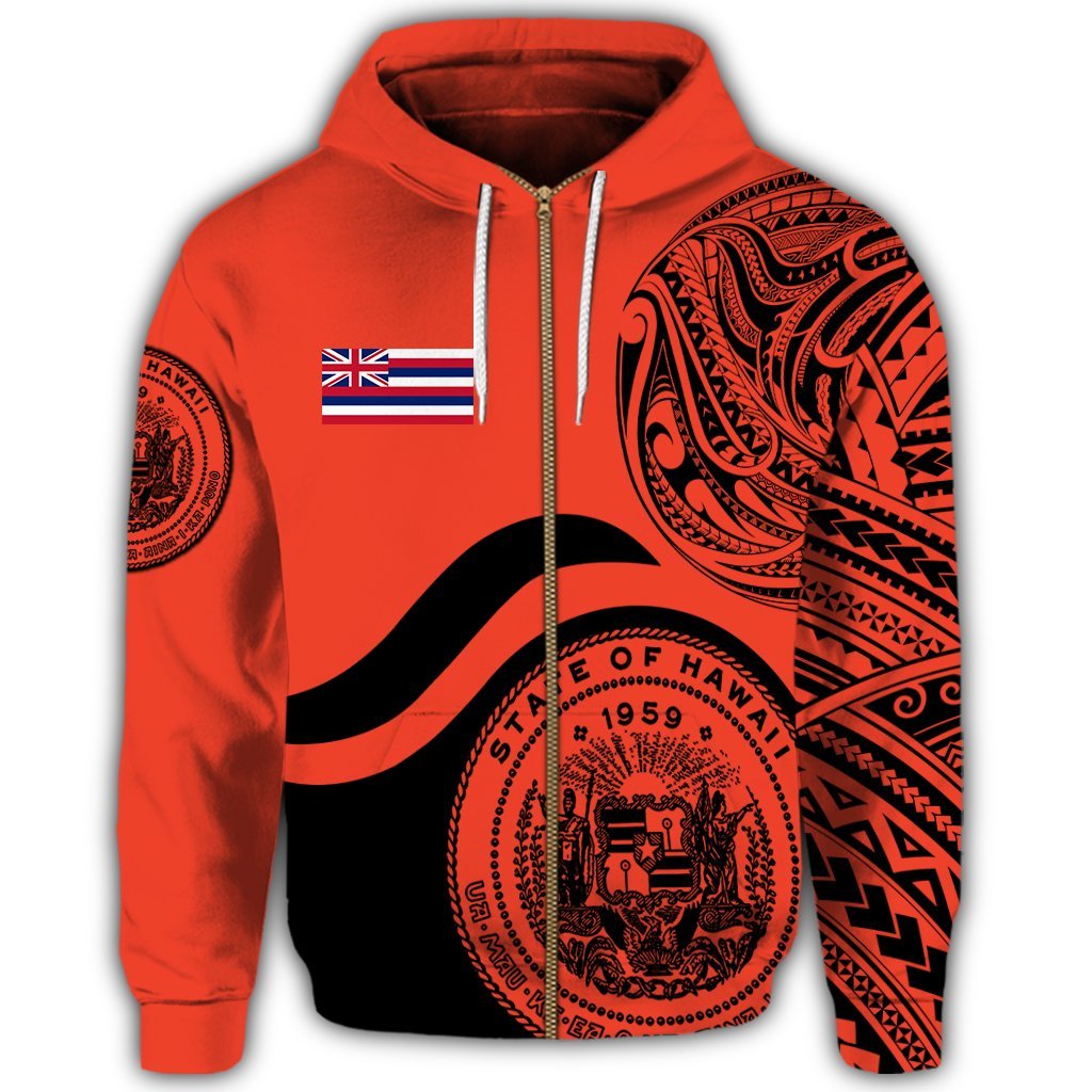 Hawaii Coat of Arms Zip Hoodie Waveshape Style Orange - Polynesian Pride