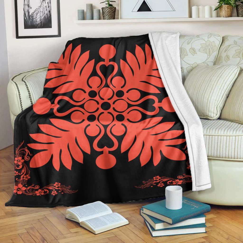 Hawaiian Quilt Maui Plant And Hibiscus Premium Blanket - Orange Black - AH White - Polynesian Pride