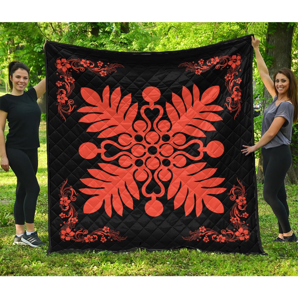 Hawaiian Quilt Maui Plant And Hibiscus Premium Quilt - Orange Black - AH Orange - Polynesian Pride