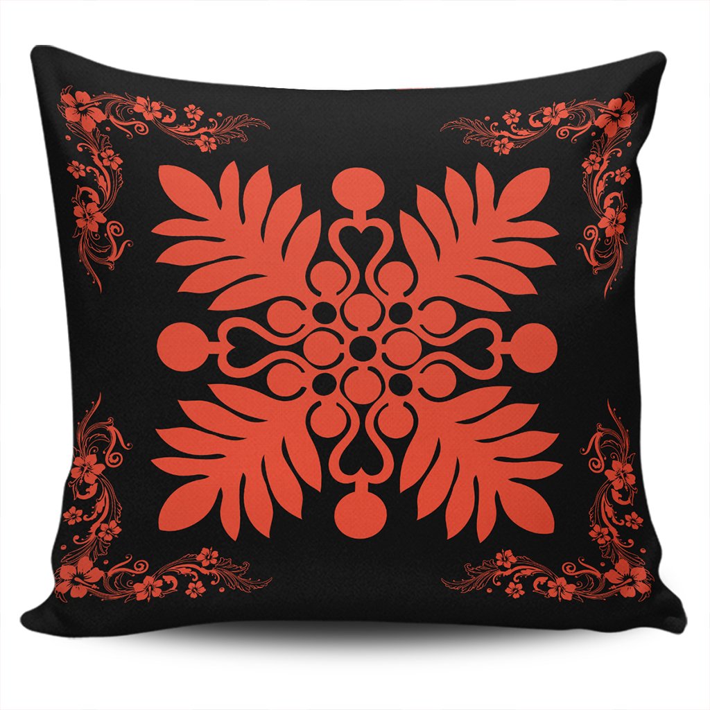 Hawaiian Quilt Maui Plant And Hibiscus Pattern Pillow Covers - Orange Black - AH One Size Orange - Polynesian Pride