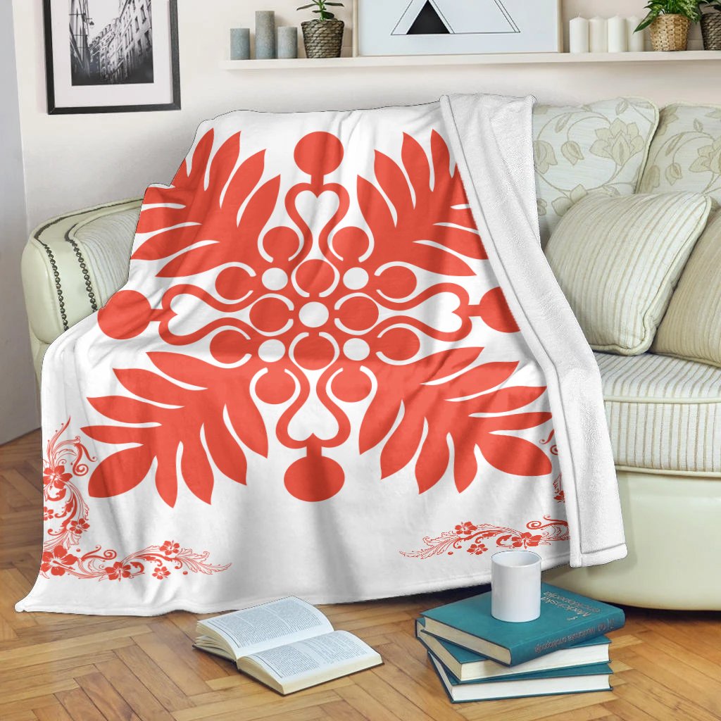 Hawaiian Quilt Maui Plant And Hibiscus Premium Blanket - Orange White - AH White - Polynesian Pride