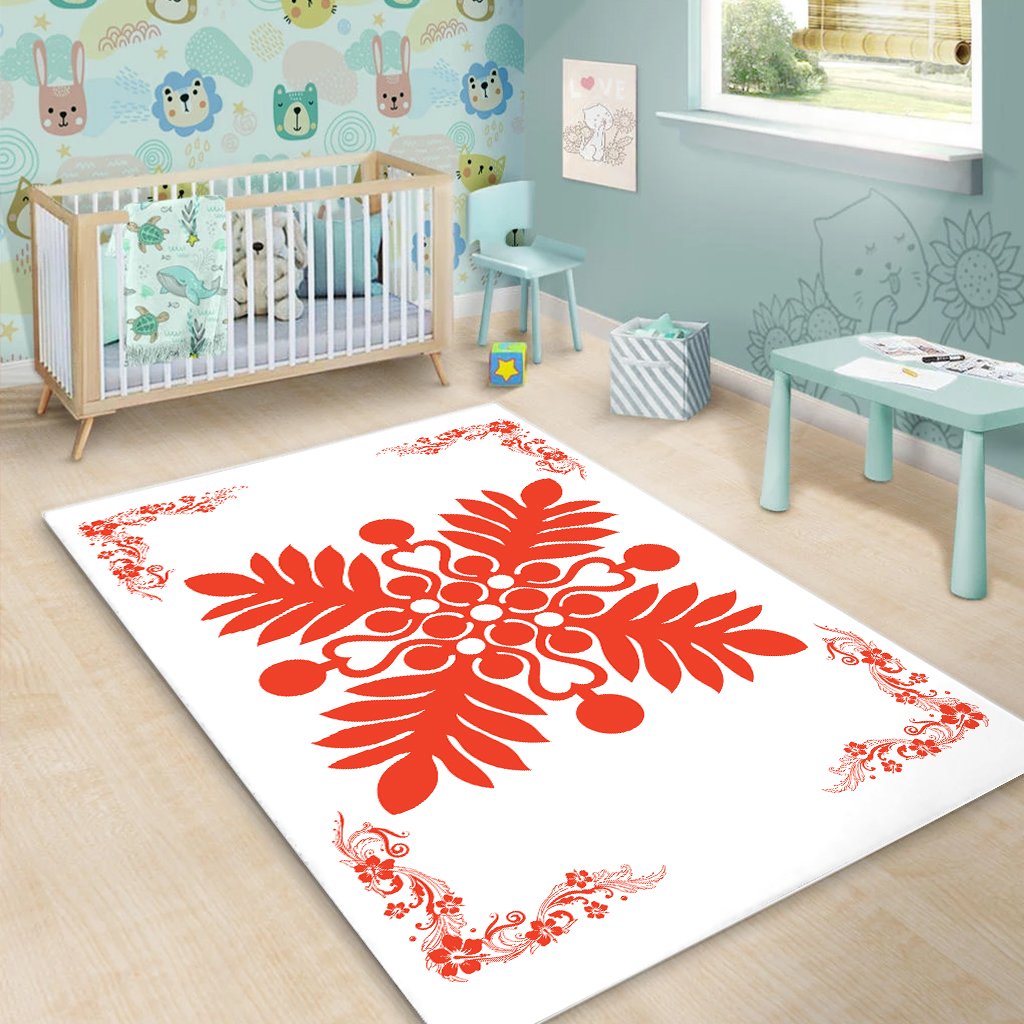 Hawaiian Quilt Maui Plant And Hibiscus Pattern Area Rug - Orange White - AH - Polynesian Pride