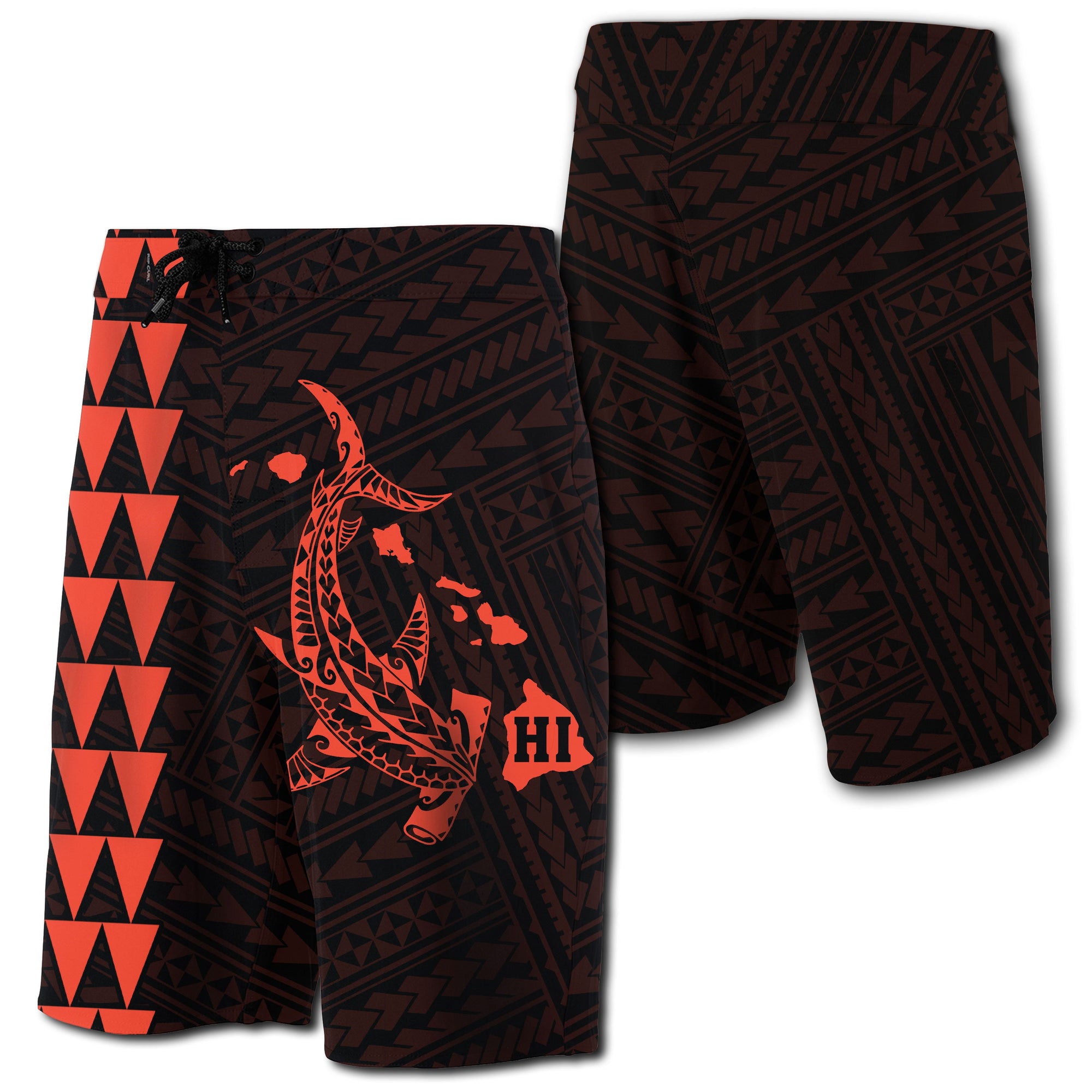 Hawaii Kakau Polynesian Hammerhead Shark Map Board Shorts - Orange Men Orange - Polynesian Pride