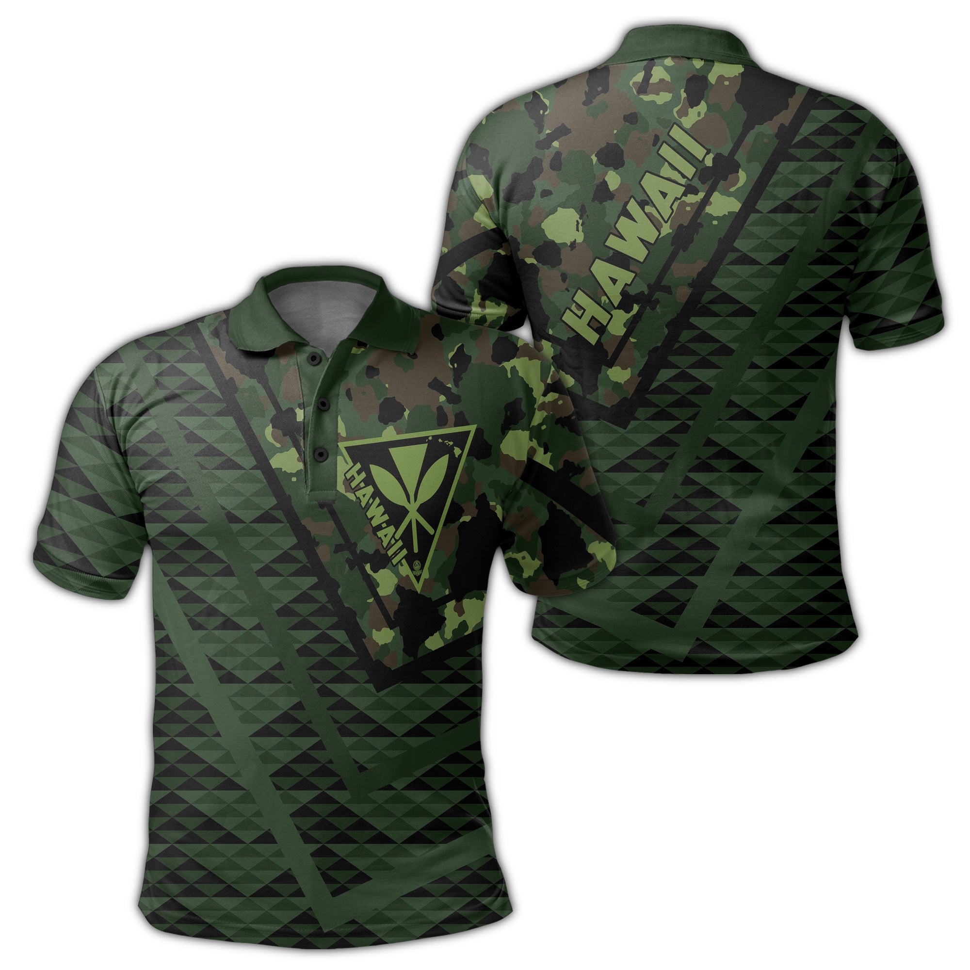 Hawaii Army Niho Mano Polo Shirt Camo Map AH Unisex Green - Polynesian Pride