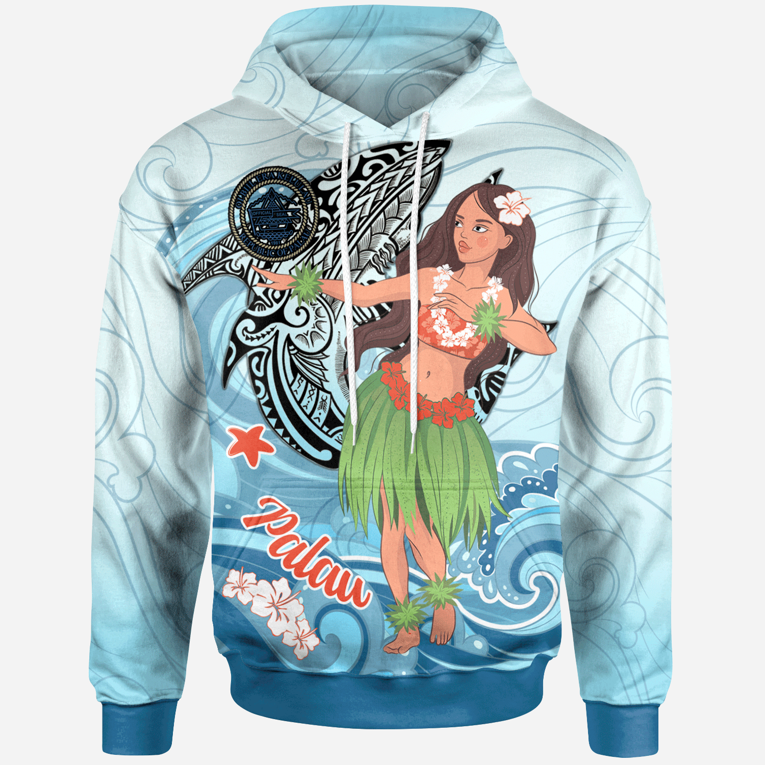 Palau Hoodie Polynesian Girls With Shark Unisex Blue - Polynesian Pride