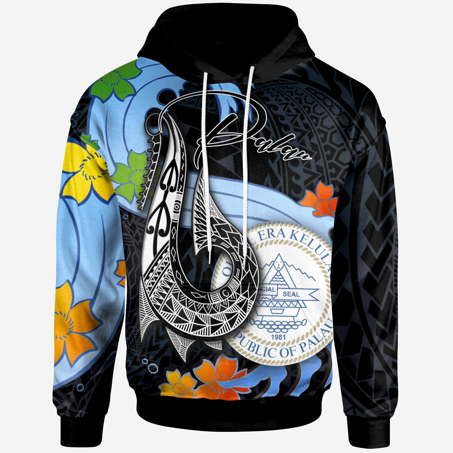 Palau Hoodie Fish Hooks and Wave Unisex Black - Polynesian Pride