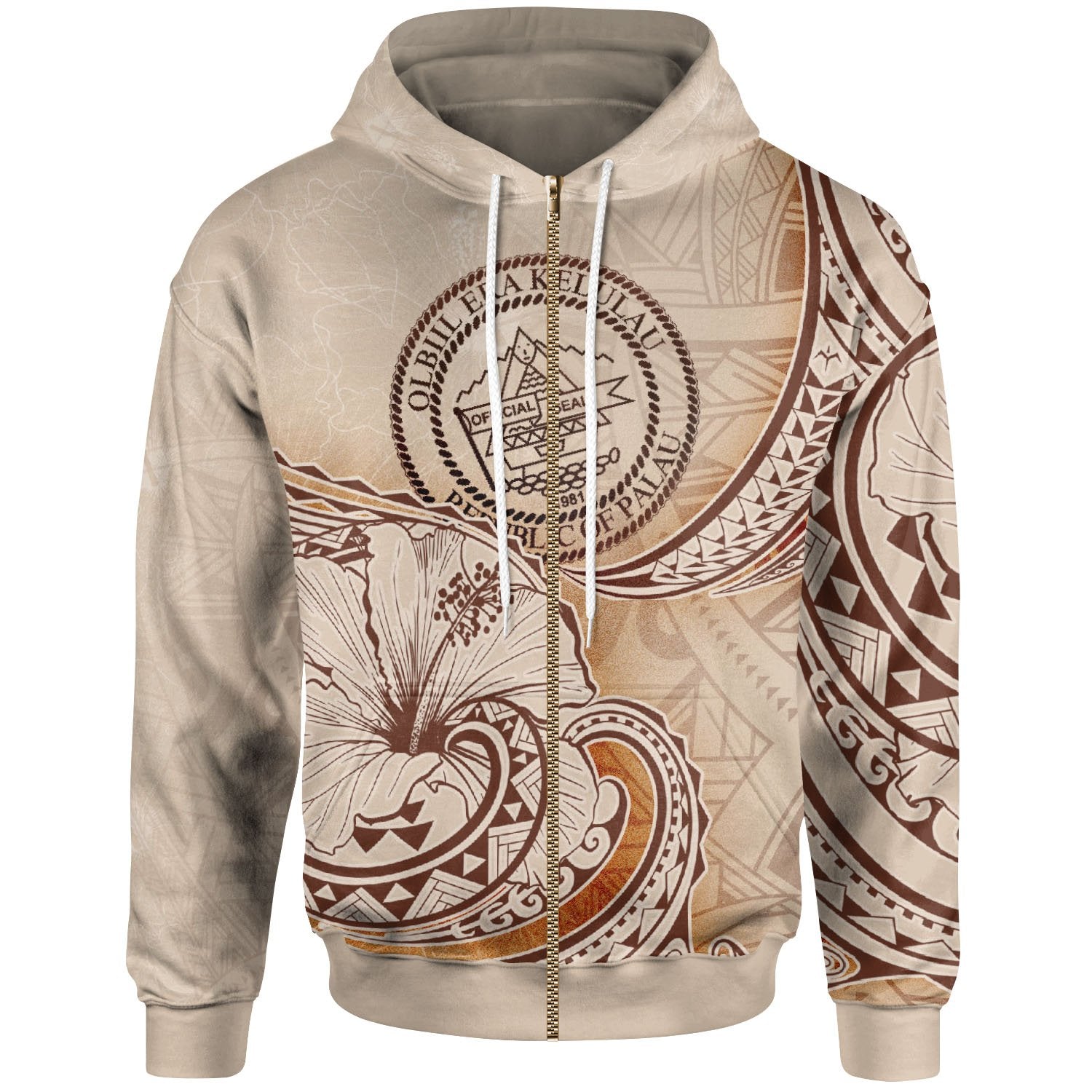 Palau Zip Hoodie Hibiscus Flowers Vintage Style Unisex Nude - Polynesian Pride