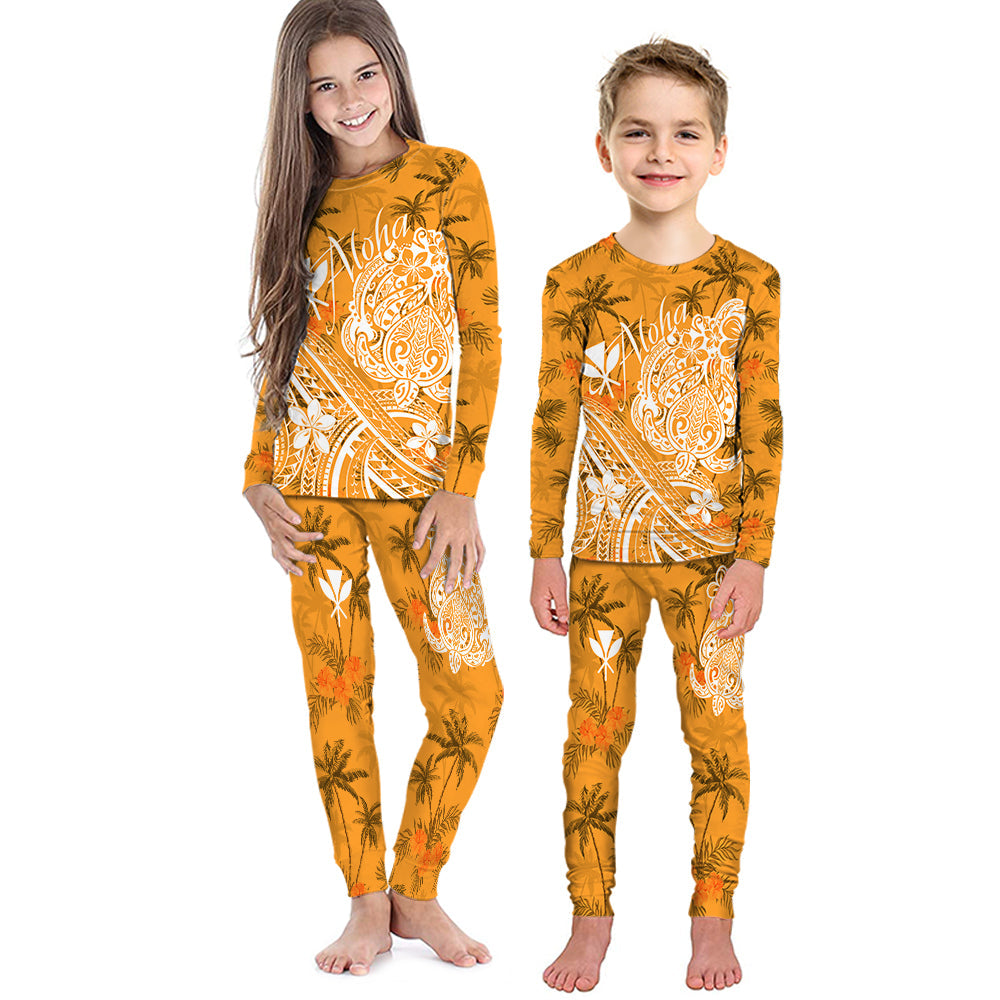 Hawaii Aloha Pajama Set KID Palm Trees Mix Turtle - Orange LT7 Orange - Polynesian Pride