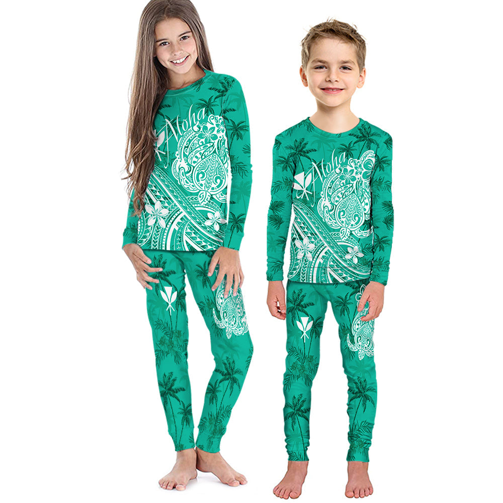 Hawaii Aloha Pajama Set KID Palm Trees Mix Turtle - Teal LT7 Kid Teal - Polynesian Pride