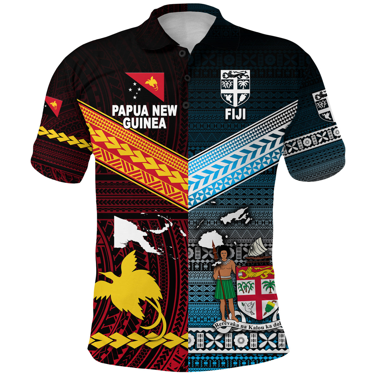 Custom Papua New Guinea Fiji Polo Shirt Polynesian and Tapa Together Blue, Custom Text and Number LT8 - Polynesian Pride
