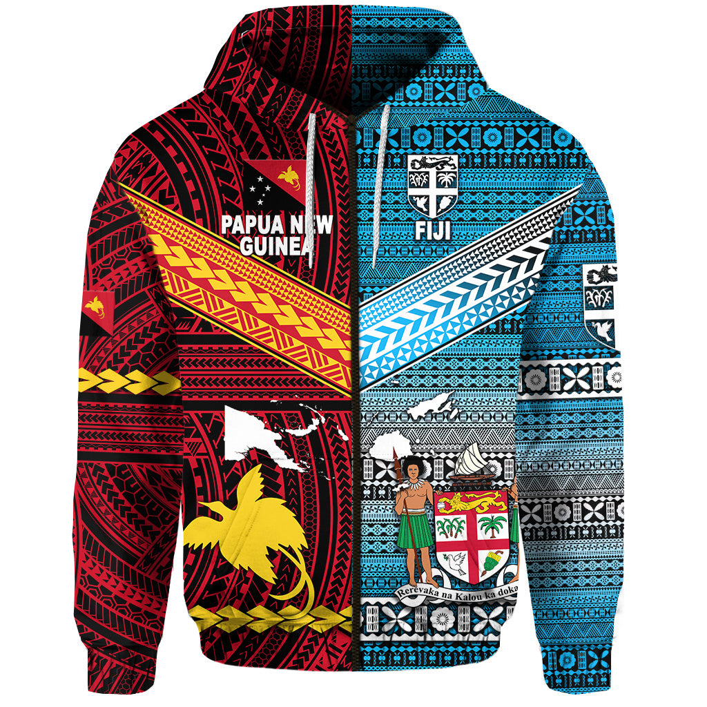 Custom Papua New Guinea Fiji Zip Hoodie Polynesian Tapa Together Bright Color, Custom Text and Number LT8 - Polynesian Pride