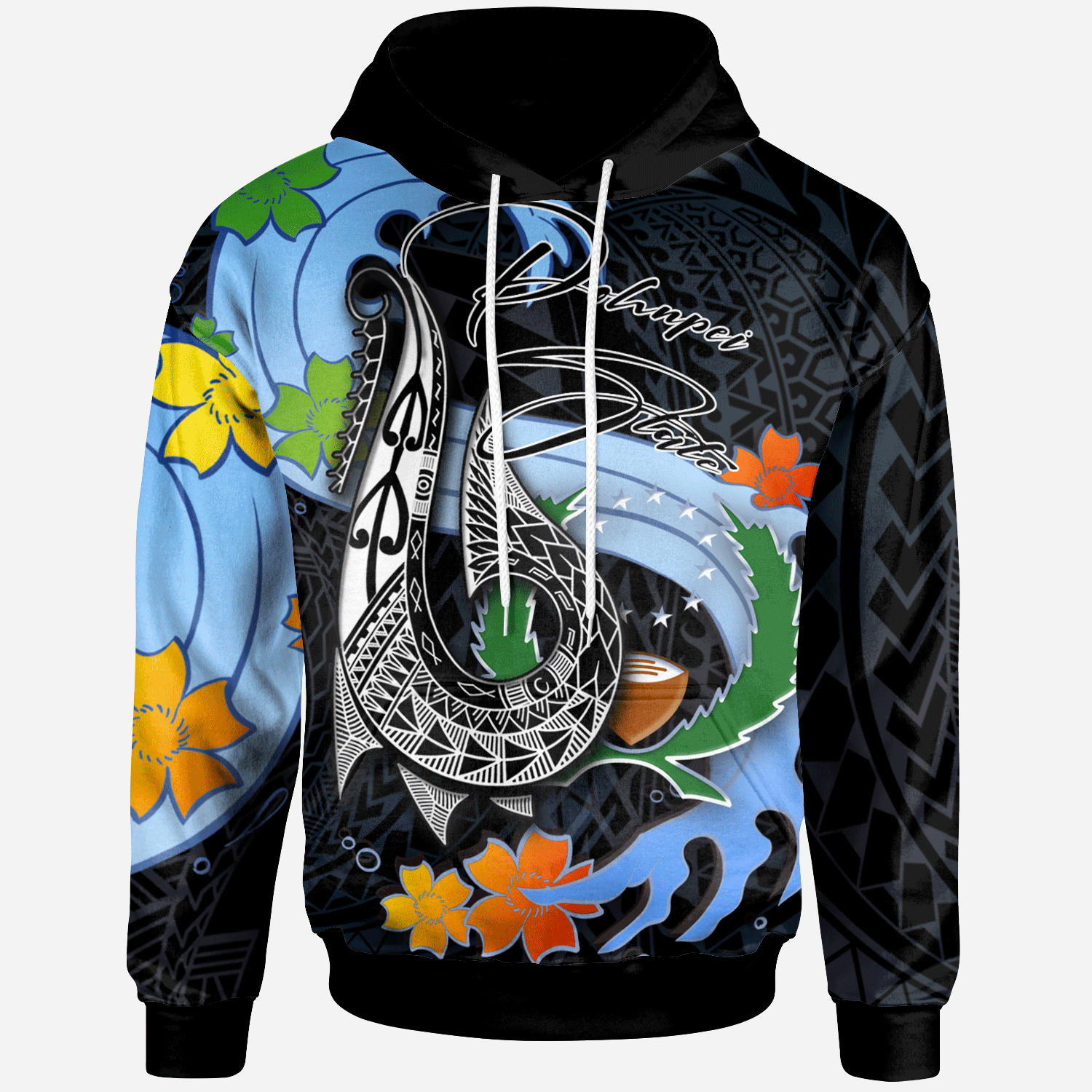 Pohnpei State Hoodie Fish Hooks and Wave Unisex Black - Polynesian Pride