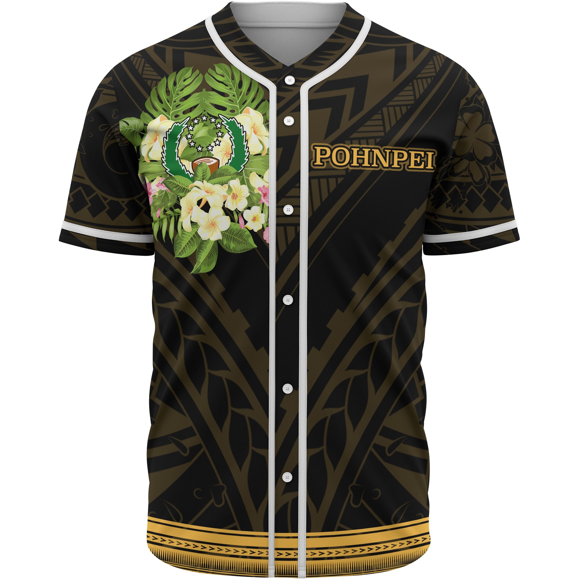 Pohnpei Baseball Shirt - Polynesian Gold Patterns Collection Unisex Black - Polynesian Pride